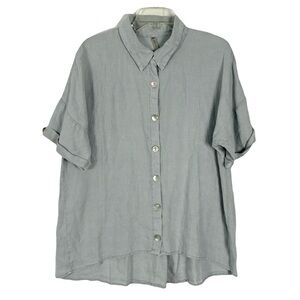 XCVI Blue Linen Button Up Blouse Large Rolled Tab Sleeeves